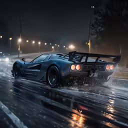 this black sports car is driving on a wet street