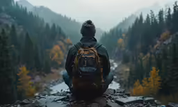 person with backpack sitting on rocks looking over a mountain
