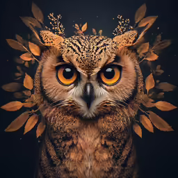 an owl with large orange eyes and ornate brown feathers