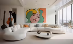 the large couch has a guitar on it