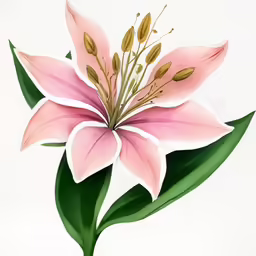a painted flower with green leaves on white background