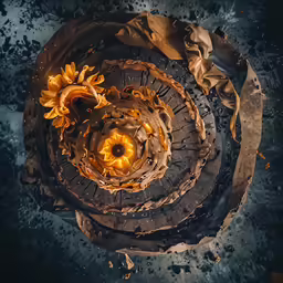 top down view of an abandoned looking table that is half burnt