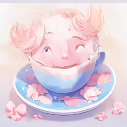 a bowl with a face inside the bowl and petals surrounding it