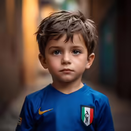 a young boy standing in the street while wearing a blue jersey