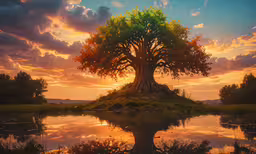 a large tree with many branches, and water in front of it,a tree is on the edge of a lake, with colorful clouds