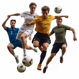 three men are trying to kick a soccer ball