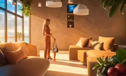 a blonded lady looking out of a sunlit window