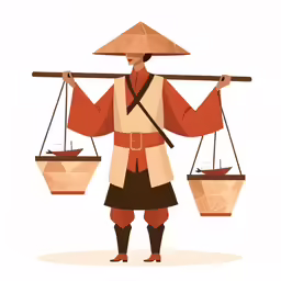 a person standing with a weighing scale with baskets hanging on it