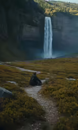a waterfall is shown with some grass and trees around it