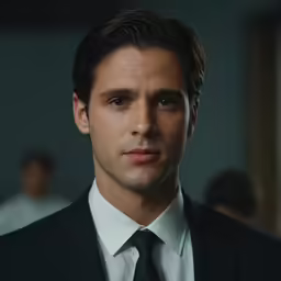 a young man in a suit and tie looking at the camera