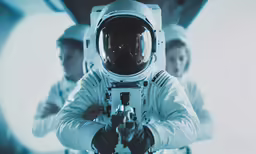 a group of men in spacesuits are staring at something
