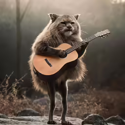 a brown cat with an acoustic guitar standing on a rock