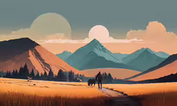 an illustration of two people on horseback in a field,a stylized illustration of people riding horses on a dirt road