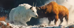 two woolly animals fight in the snow