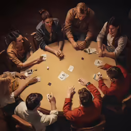 people sitting at a table playing cards with their hands