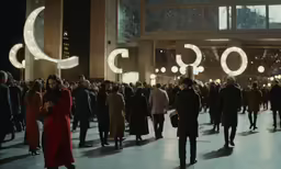 people walk in a large lobby during christmas time