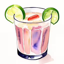 a drawing of an iced drink with limes and tomatoes,a close up image of a pink drink with lime and chili