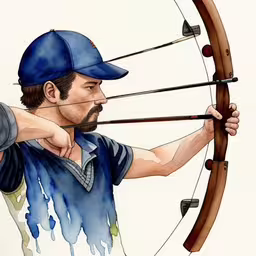 a drawing of a man holding his bow and aiming the target,an illustration of a man with a baseball cap holding onto a bow and arrow