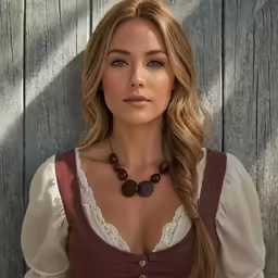 a woman wearing a brown top and beads
