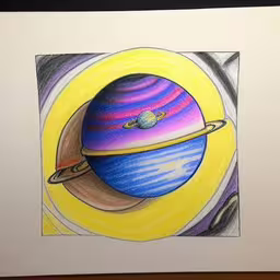 a drawing that shows the size of the earth,a drawing of a small blue planet with saturn as the center,a drawing of a saturn and saturn planet,the drawing depicts saturn, which is the main star of saturn,a drawing on paper depicting the planets in a circle