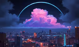 a massive pink cloud looms over a city with a neon blue and red ring,a city skyline with blue smoke and a red ring