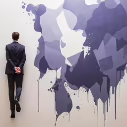a man leaning against a wall with graffiti