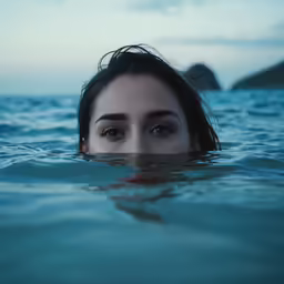 a woman is swimming in the water and looking forward