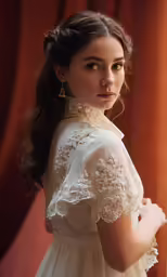 a woman wearing white stands near a red curtain