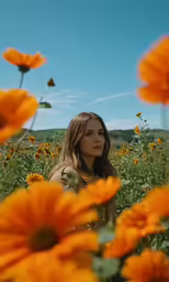 a woman standing in the middle of an open field full of flowers
