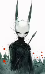 a drawing of an alien dressed in black with large pointed horns