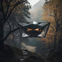 an unusual glass house perched in the air in a foggy forest