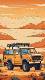an orange jeep in desert with mountains behind it,the car is parked in the desert near a lake