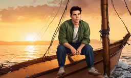a guy on the boat posing for a picture,the young man is sitting on the end of a sailboat