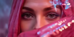 a woman with brown eyes in a red headdress