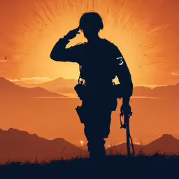 the silhouette of a soldier looks out over mountains,the soldier is saluting against a sunset
