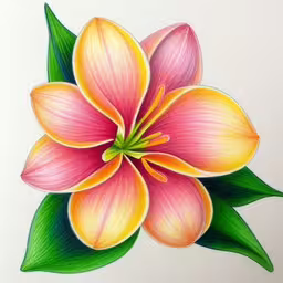 a colored flower on white paper with green leaves,an image of a flower that is in pastel pencils