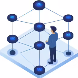 a man standing next to a network of blue balls