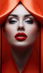a woman is wearing red lipstick and a red umbrella