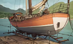 a boat docked at a pier by some water,the ship is sitting docked on the dock