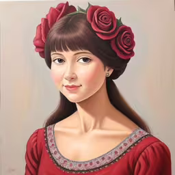 a painting of a woman with long brown hair and red roses on her head,a painting of a woman with flowers in her hair