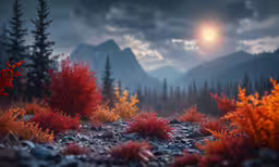 a rocky bank has a field with red and yellow plants