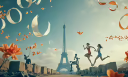 a group of people running in front of the eiffel tower