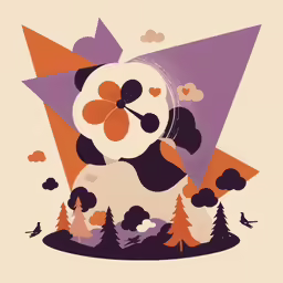a panda with an orange flower standing in a forest