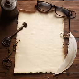 a paper with a feather, pen and other items