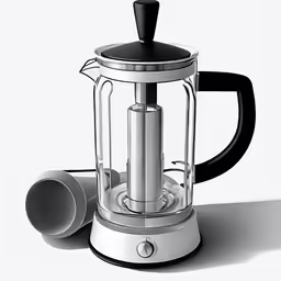 a metal coffee pot is shown with a glass container