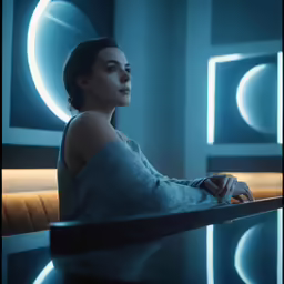 woman sitting in a room looking off into the distance