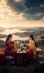 two women sitting at a table outside next to each other