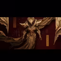 a digital painting of a large winged creature in gold and red