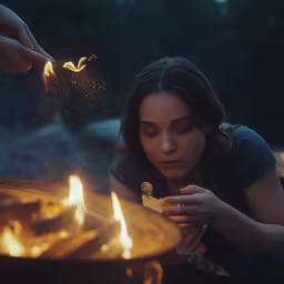 a woman looking at the flames in her hand