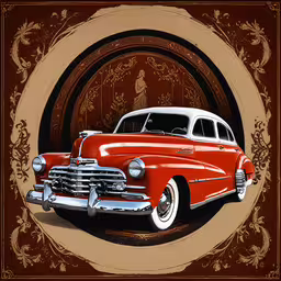 an old classic red and white car on display,a red car with a white back and top